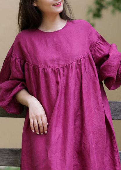 Loose Rose O Neck Button Cotton Long Dress Spring