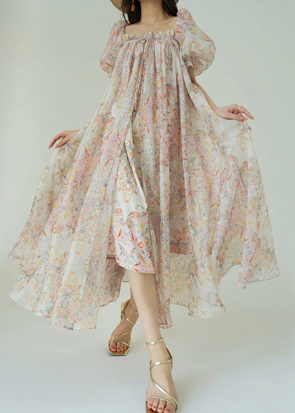 Loose Ruffled Print Lace Up Chiffon Maxi Dresses Puff Sleeve