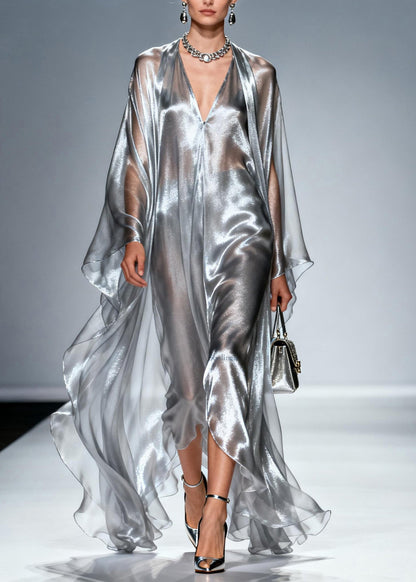 Loose Silver V Neck Asymmetrical Silk Robe Dresses Summer