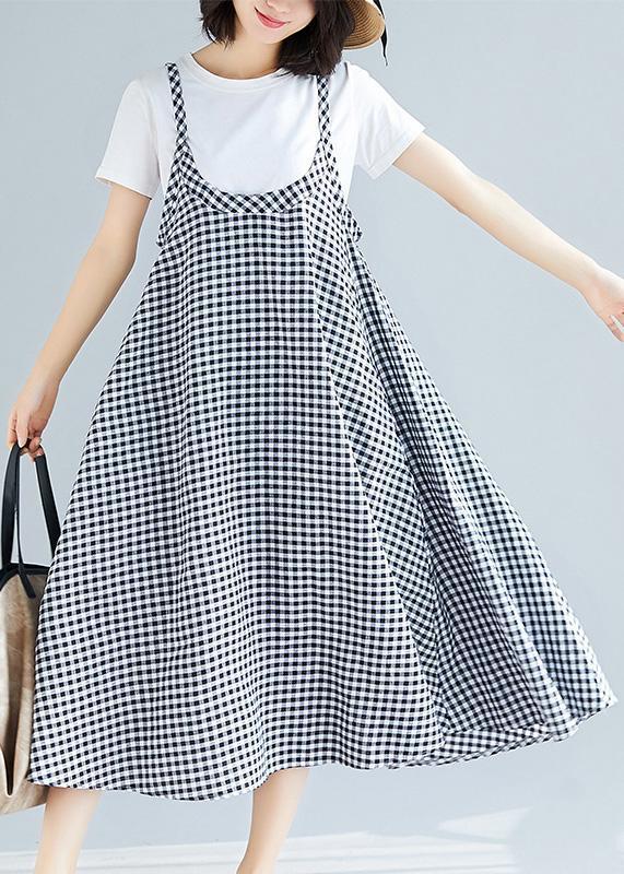 Loose Spaghetti Strap Cotton Long Black White Plaid Dresses Summer