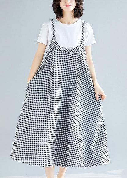 Loose Spaghetti Strap Cotton Long Black White Plaid Dresses Summer