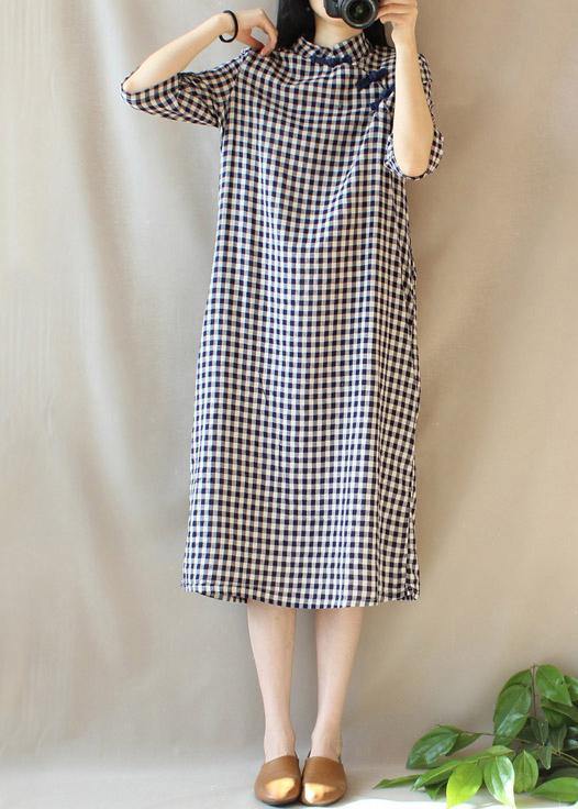 Loose Stand Collar Chinese Button Outfit Work Plaid Maxi Dresses