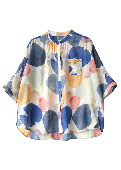 Loose Stand Collar Dot Print Button Silk Cotton Shirt Half Sleeve