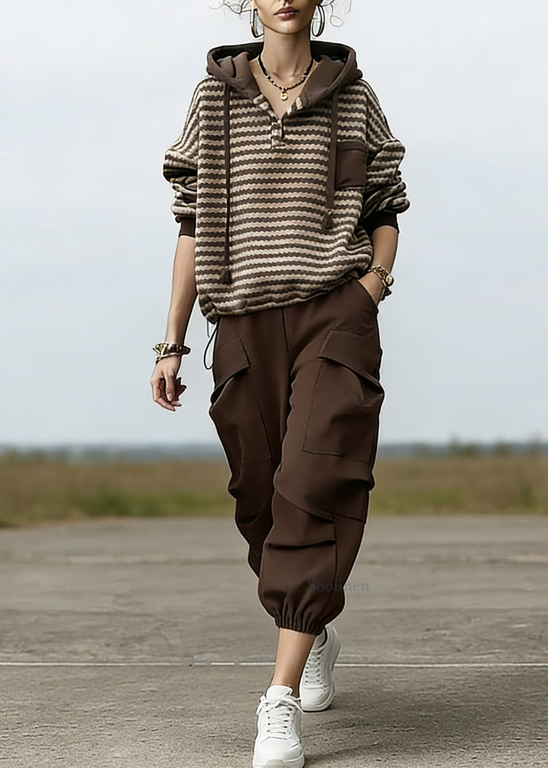 Loose Striped Drawstring Hooded Sweatshirt and Beam Pants Two Piece Set Spring