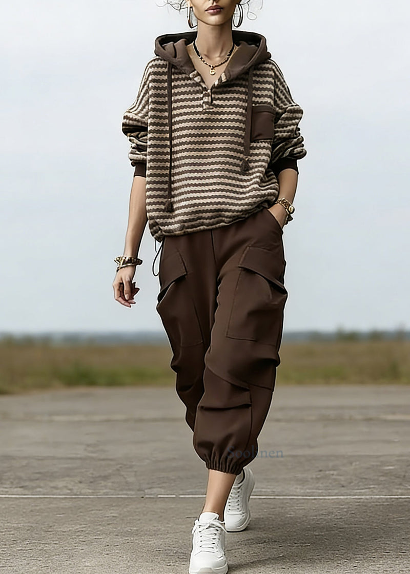 Loose Striped Drawstring Hooded Sweatshirt and Beam Pants Two Piece Set Spring