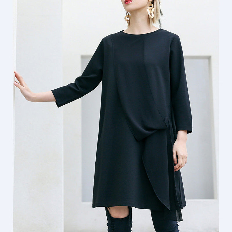 Loose Three Quarter Sleeve Cotton Tunics Fun Tunic Tops Black Loose Dress