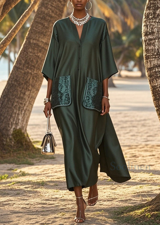 Loose V Neck Pockets Patchwork Silk Long Dress Summer