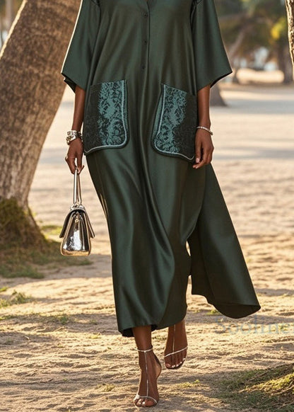 Loose V Neck Pockets Patchwork Silk Long Dress Summer
