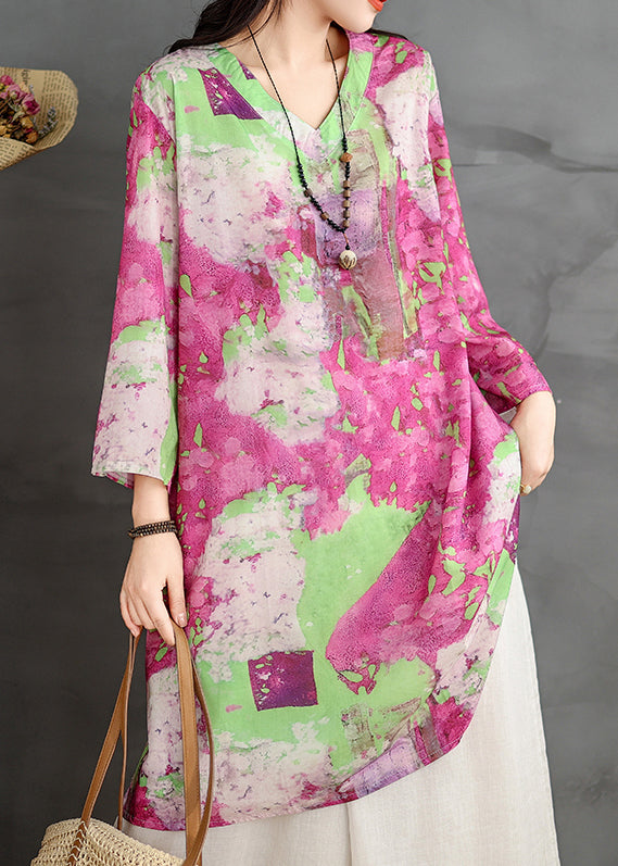 Loose V Neck Print Cotton Shirts Dress Bracelet Sleeve