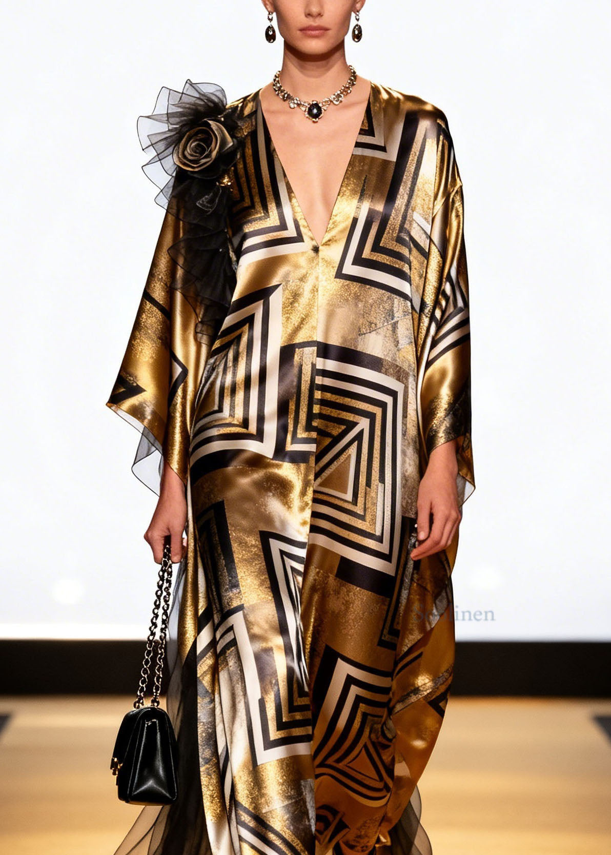 Loose V Neck Print Patchwork Silk Long Dress Spring