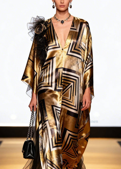 Loose V Neck Print Patchwork Silk Long Dress Spring