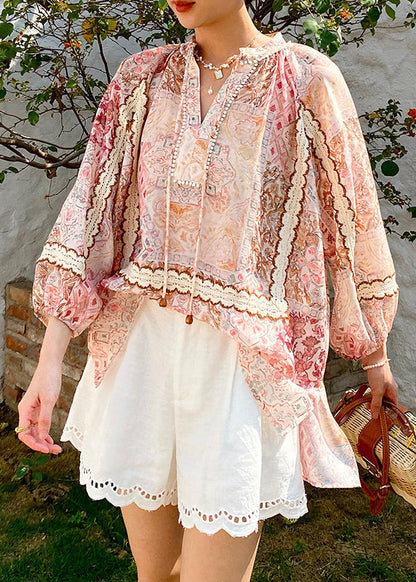 Loose V Neck Print Lace Up Chiffon Shirts Spring