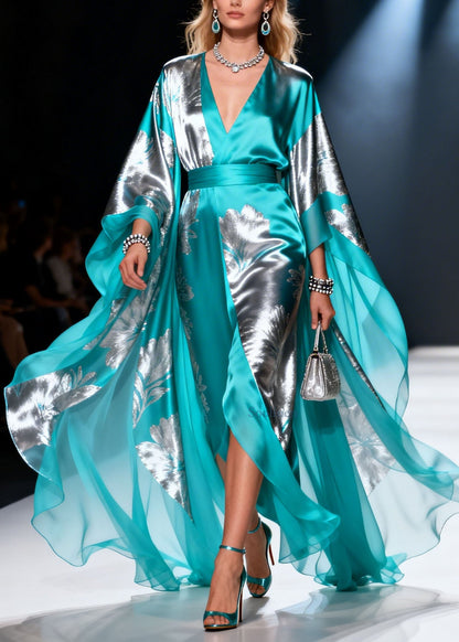 Loose V Neck Print Patchwork Chiffon Long Dress Summer