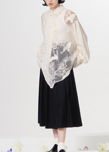 Loose White Embroideried Chinese Button Patchwork Tulle Shirt Top Fall