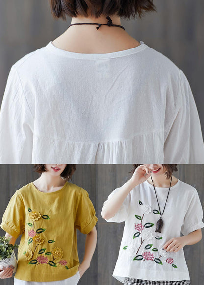 Loose White Embroideried Cotton Linen Tees Summer