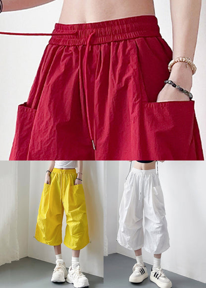 Loose White Lace Up Pockets Cotton Crop Pants