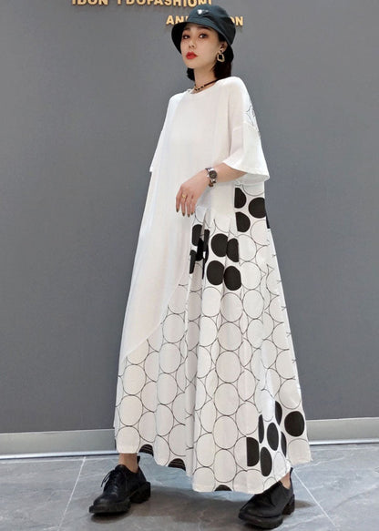 Loose White O-neck Asymmetrical Patchwork Wrinkled Dot Cotton Vacation Dresses Short Sleeve