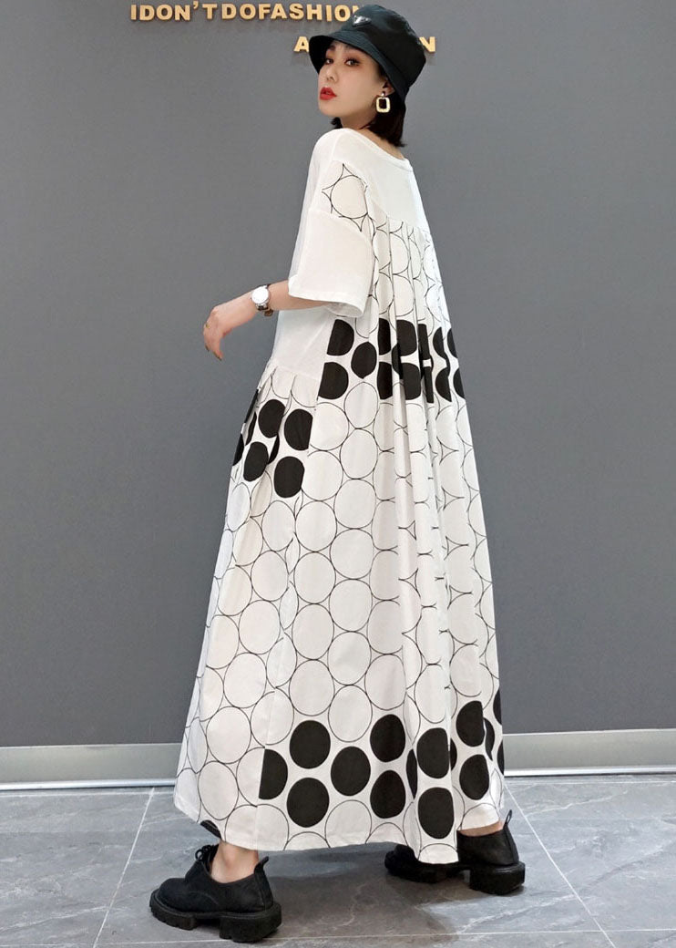 Loose White O-neck Asymmetrical Patchwork Wrinkled Dot Cotton Vacation Dresses Short Sleeve