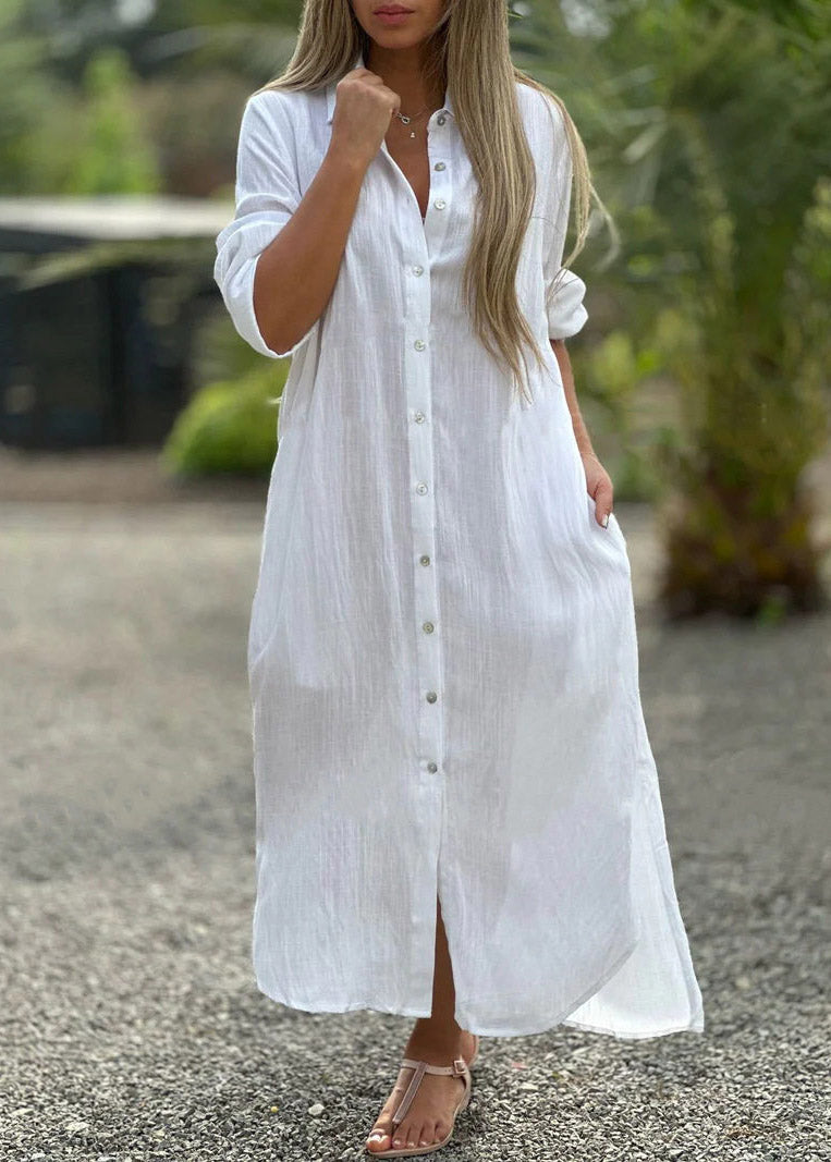 Loose White O-neck Button Side Open Vacation Long Dresses Fall