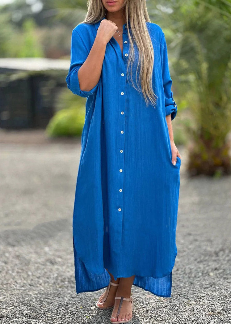 Loose White O-neck Button Side Open Vacation Long Dresses Fall