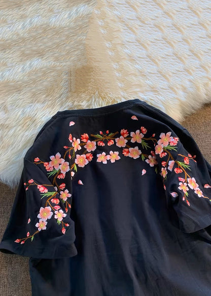 Loose White O-neck Embroidered Cotton T Shirts Summer