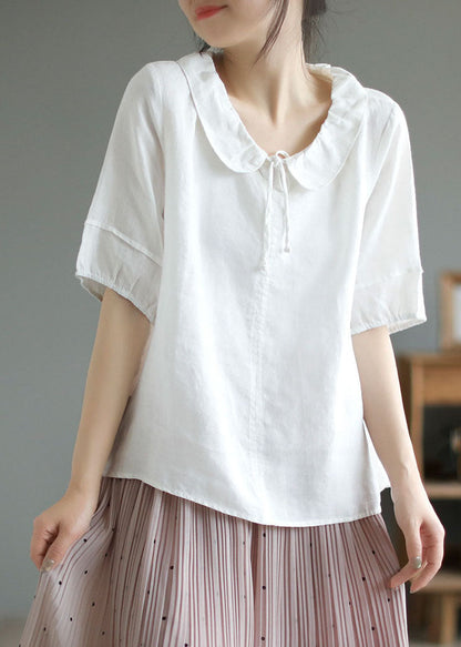 Loose White Peter Pan Collar Patchwork Cotton T Shirts Summer