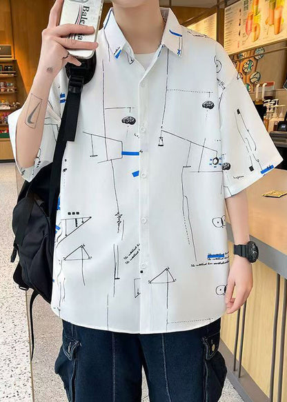 Loose White Peter Pan Collar Print Ice Silk Shirts Summer