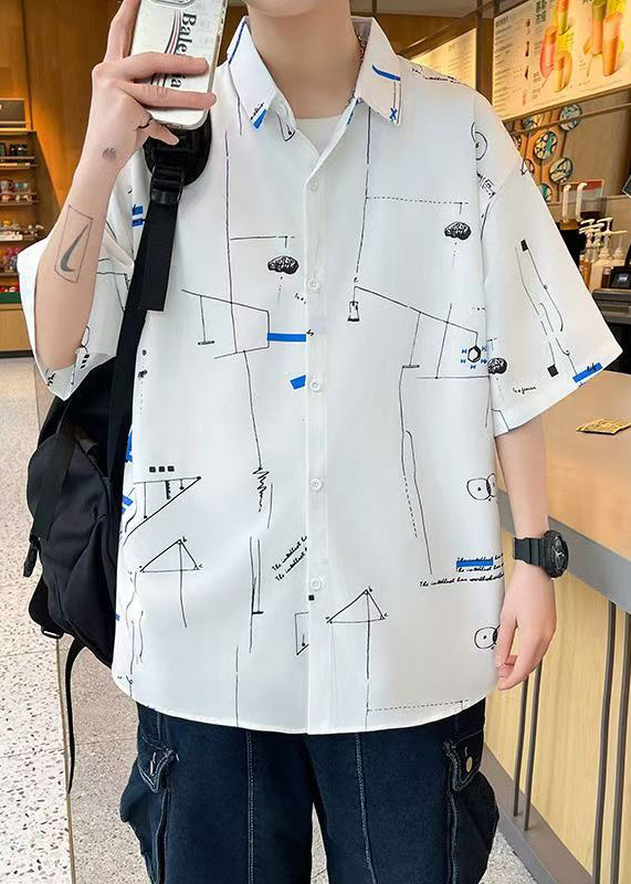 Loose White Peter Pan Collar Print Ice Silk Shirts Summer