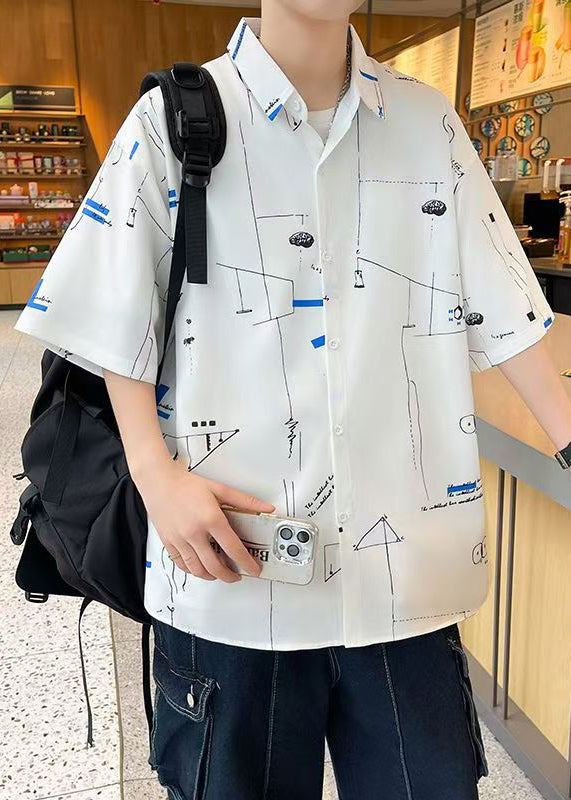 Loose White Peter Pan Collar Print Ice Silk Shirts Summer