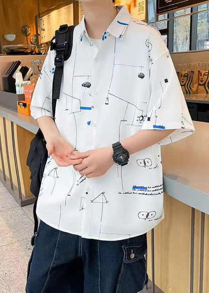 Loose White Peter Pan Collar Print Ice Silk Shirts Summer