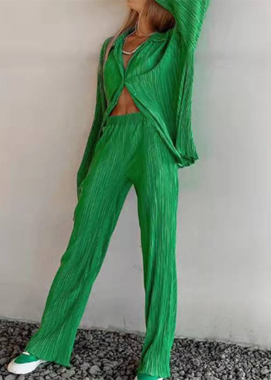 Loose White Peter Pan Collar Wrinkled Shirt and Wide Leg Pants Two Pieces Set Spring