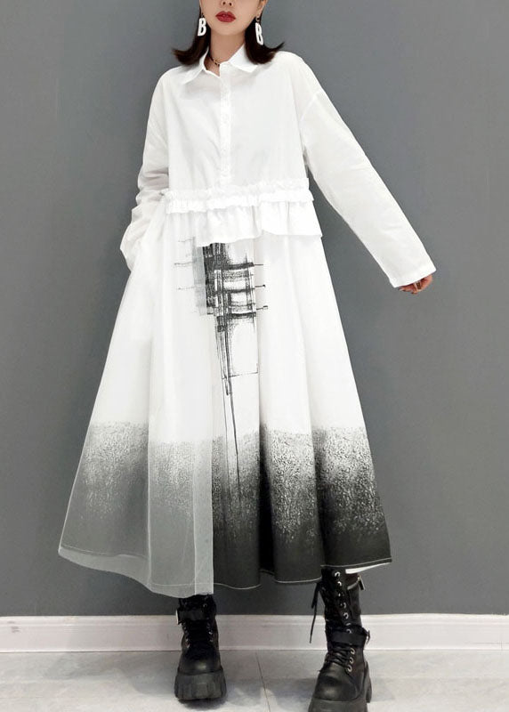 Loose White Peter Pan Collar Print Shirt Dresses Spring