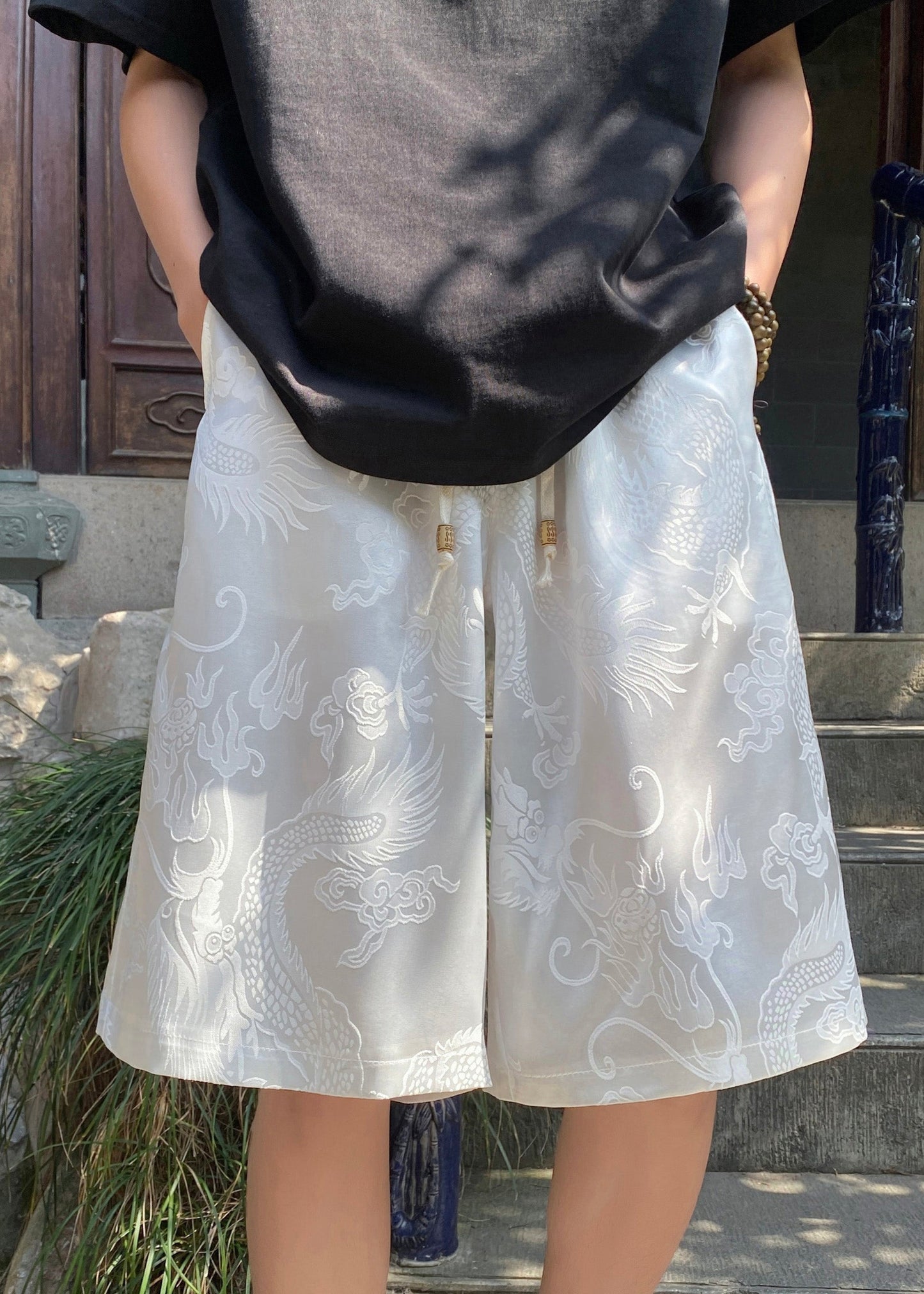 Loose White Pockets Lace Up Ice Silk Shorts Summer