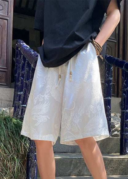 Loose White Pockets Lace Up Ice Silk Shorts Summer