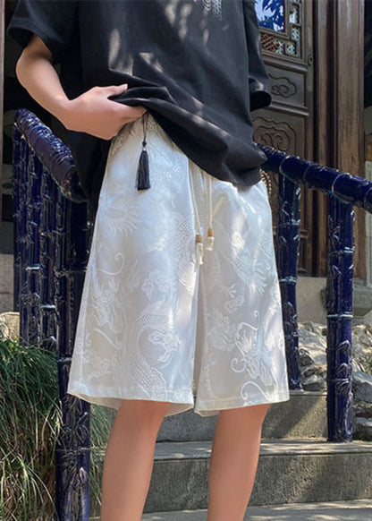 Loose White Pockets Lace Up Ice Silk Shorts Summer