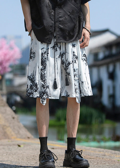 Loose White Pockets Print Ice Silk Shorts Summer