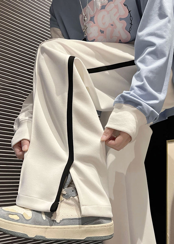 Loose White Pockets Side Open Cotton Straight Pants Fall