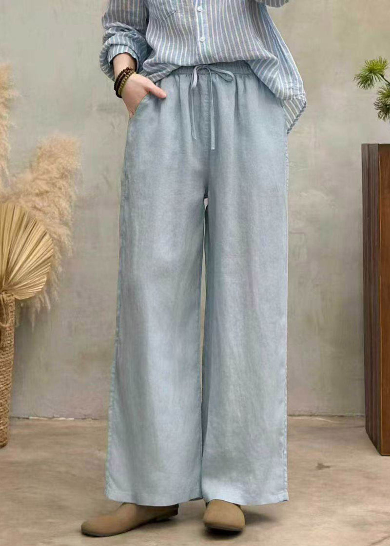 Loose White Pockets Tie Waist Linen Wide Leg Pants Summer