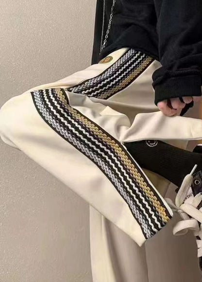 Loose White Pockets Zippered Side Open Cotton Pants Fall