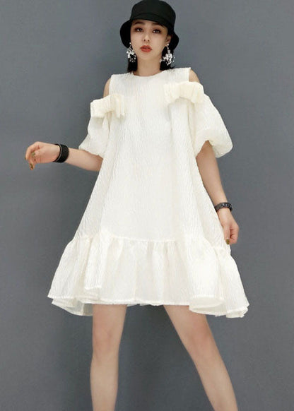 Loose White Puff Sleeve Cold Shoulder a Line Skirts Party Dress Summer