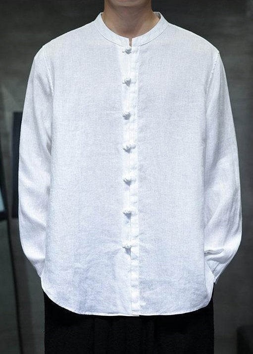 Loose White Stand Collar Chinese Button Linen Shirts Fall
