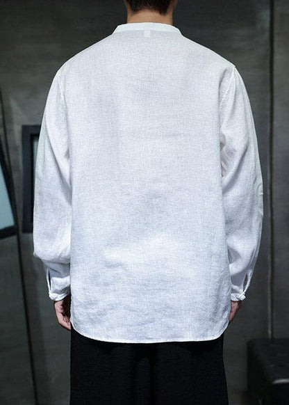 Loose White Stand Collar Chinese Button Linen Men Shirts Fall