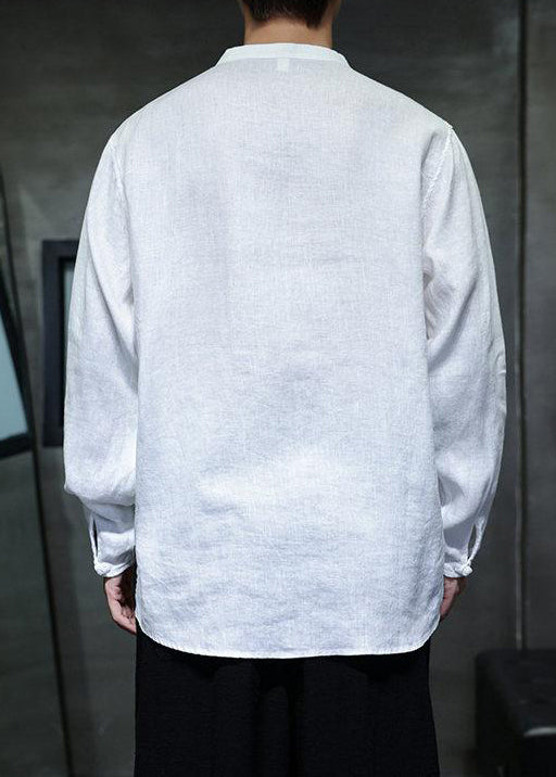 Loose White Stand Collar Chinese Button Linen Shirts Fall