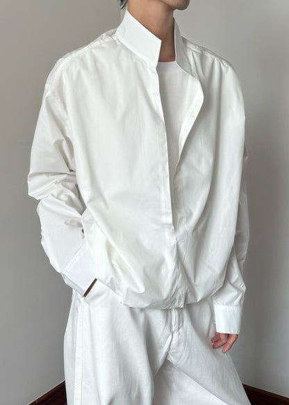 Loose White Stand Collar Solid Cotton Mens Shirts Fall