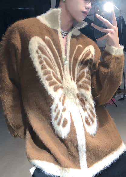 Loose White Stand Collar Zip Up Butterfly Knit Coat Fall
