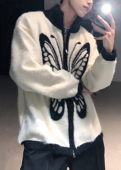 Loose White Stand Collar Zip Up Butterfly Knit Coat Fall