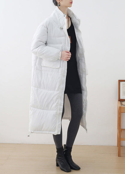 Loose White Stand Collar Zippered Pockets Cotton Parka Long Sleeve