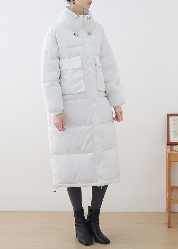 Loose White Stand Collar Zippered Pockets Cotton Parka Long Sleeve