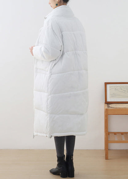 Loose White Stand Collar Zippered Pockets Cotton Parka Long Sleeve