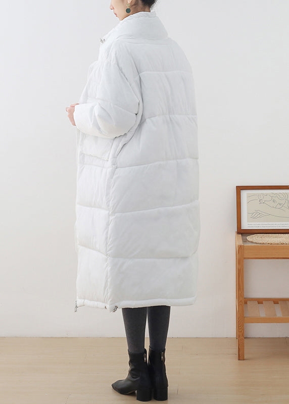 Loose White Stand Collar Zippered Pockets Cotton Parka Long Sleeve